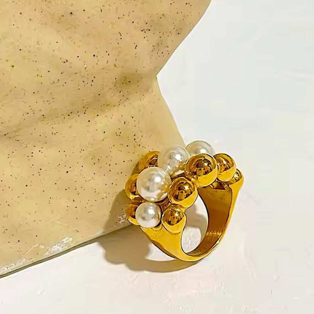 Gold Pearl Large Ball Statement Ring Chunky Exaggerated Cocktail Ring - Picture 3 of 7